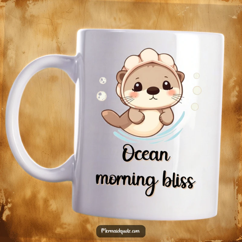Funny Mug: A tiny, cheerful otter wears a seashell helmet and swims, leaving a trail of happy bubbles.