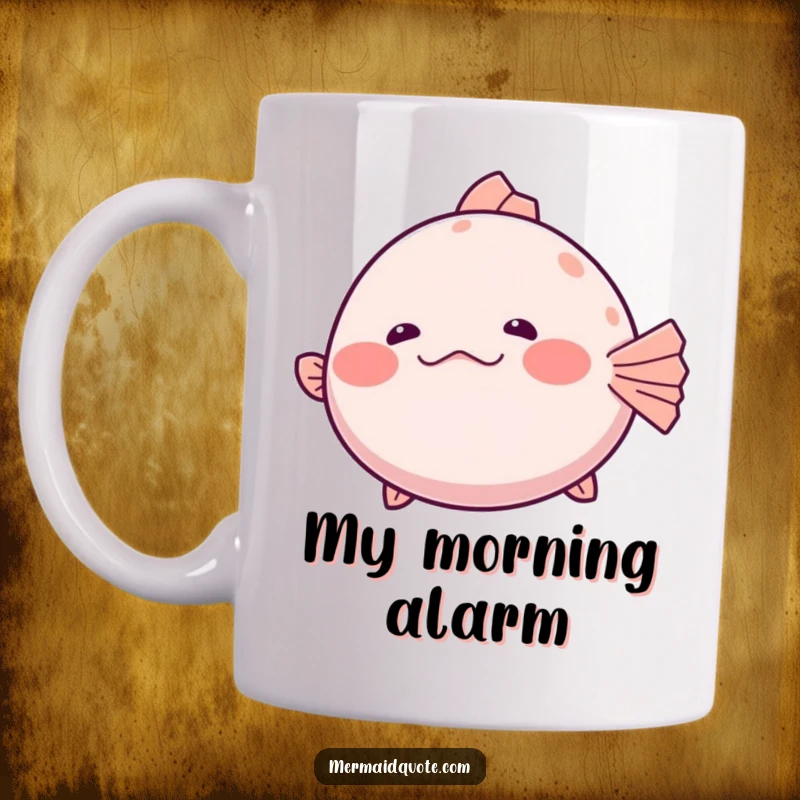 Funny Mug of a shy pufferfish slightly inflating with a small, hesitant giggle, embodying humorous awkwardness.