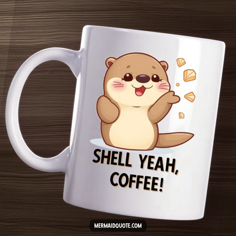 Funny sea otter mug featuring a delighted otter character joyfully juggling several shiny seashells with skill and a big smile.