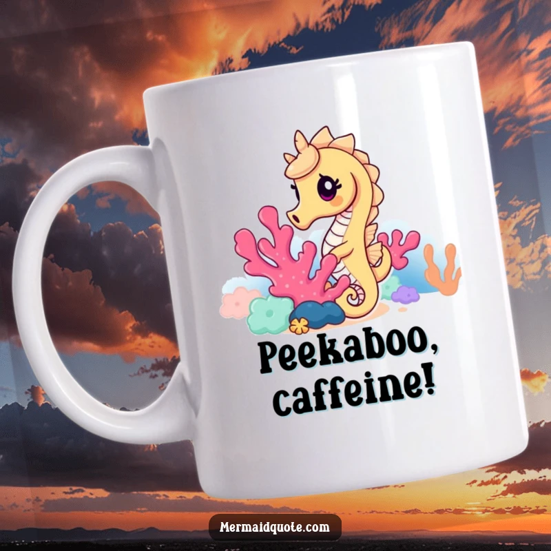 Funny seahorse mug featuring a curious seahorse peeking from behind colorful coral, expressing a playful and whimsical ocean vibe.