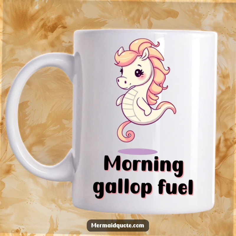 Funny, joyful seahorse with a magnificent swirling mane galloping energetically on this novelty mug.