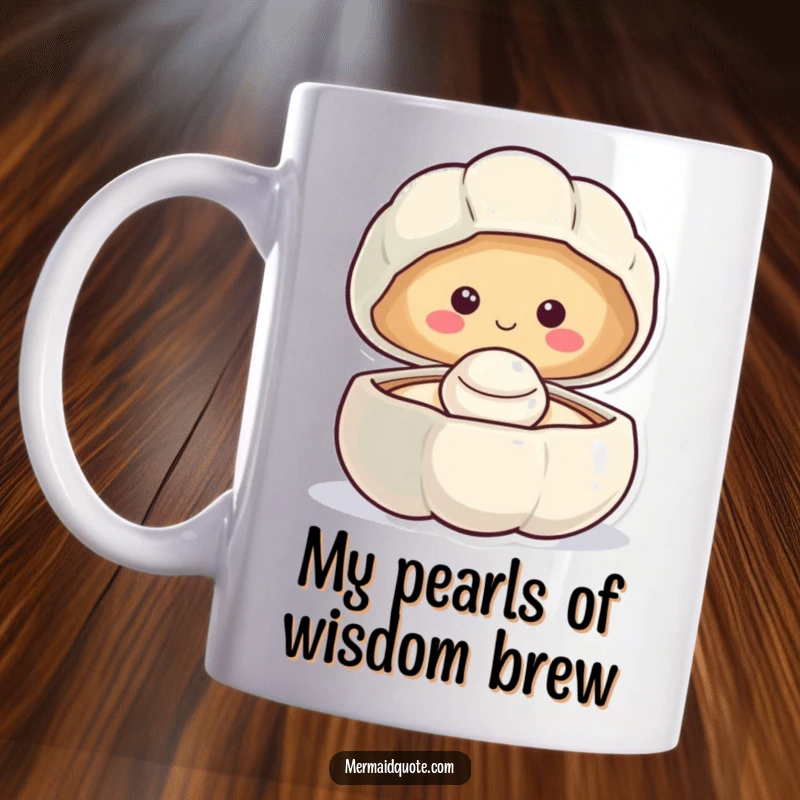 Funny smiling clam mug with a happy pearl revealed, radiating joy and a whimsical ocean theme.