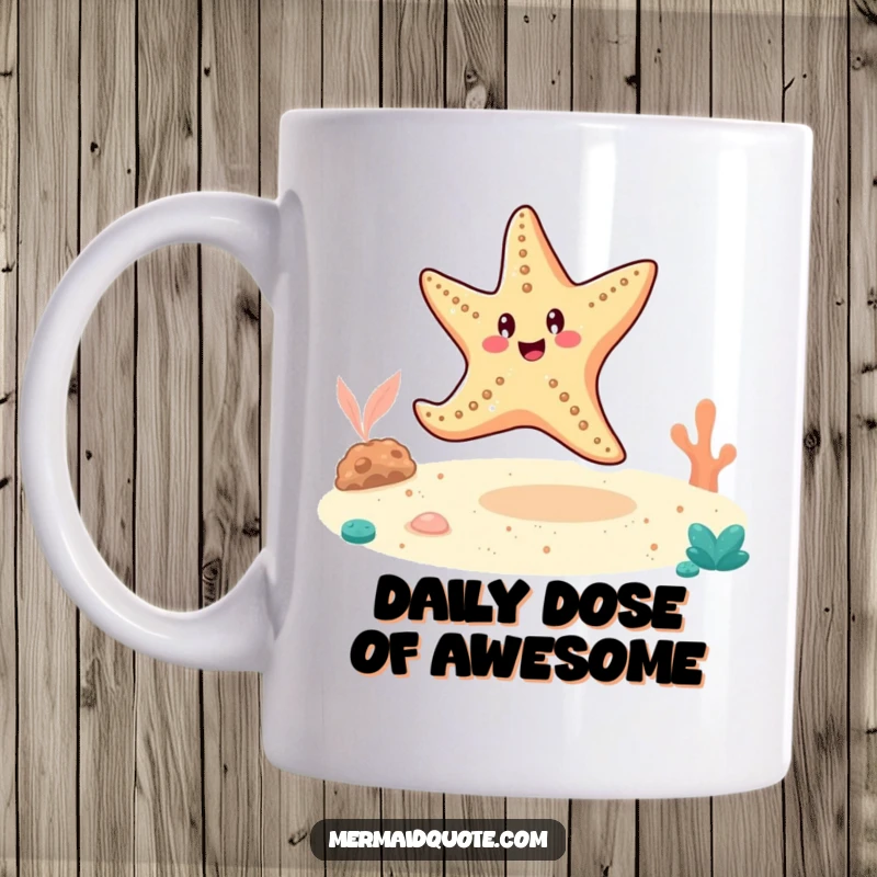 Funny cheerful starfish doing a cartwheel on the sandy ocean floor, on a ceramic mug.