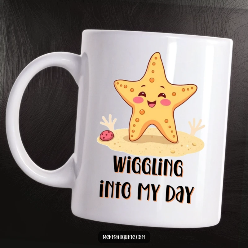 Funny mug showing a happy starfish doing a funny wiggle dance on a sandy ocean floor, radiating seaside joy.