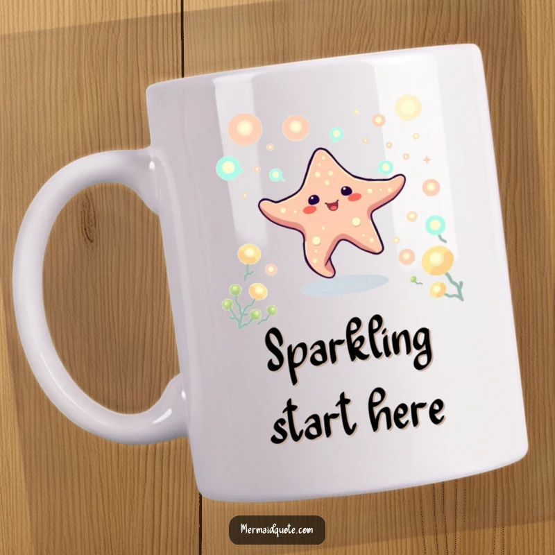 Funny starfish creature mug, a playful starfish dancing surrounded by bioluminescent plankton. A whimsical and glowing design.