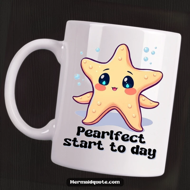 Funny starfish with sparkling eyes juggling tiny glowing sea pearls on a mug, magical ocean-themed design.