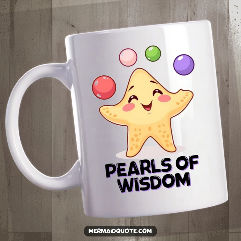 Funny Starfish Juggling Mug: Playful starfish with a mischievous grin juggles three colorful pearls, a delightful ocean scene.