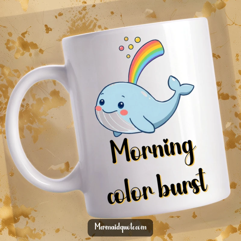 Funny smiling whale spouting a bright rainbow into the air on this novelty mug, symbolizing happiness.