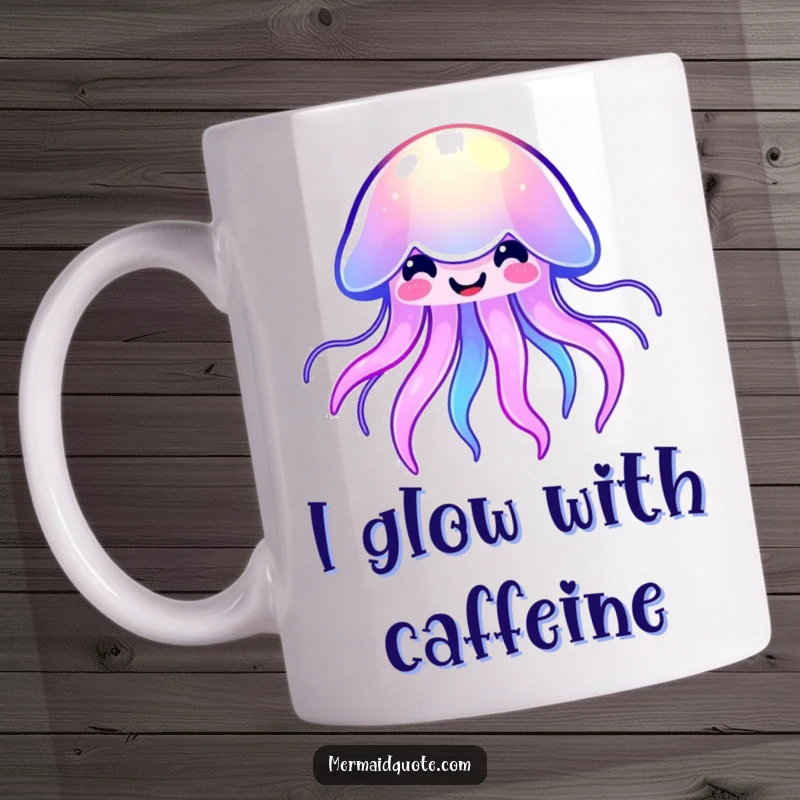 Funny kawaii jellyfish mug with a radiant glow and a big, happy smile, pulsing with soft, colorful lights underwater.