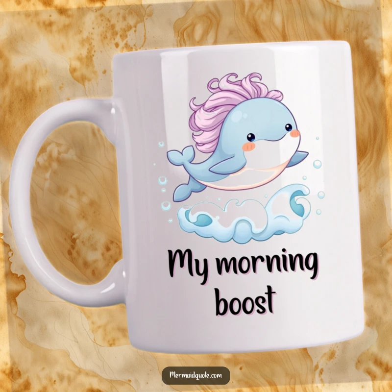Funny mug illustration of a baby whale with a flowing mane joyfully leaping from bubbly ocean waves, conveying pure happiness and whimsy.