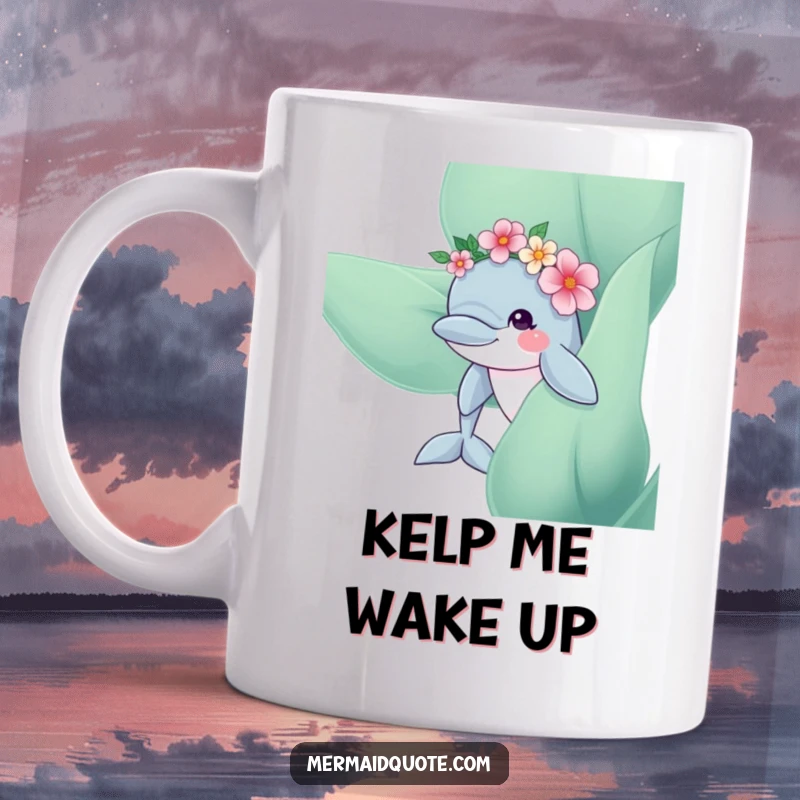 Funny Dolphin Flower Crown Mug: Curious dolphin wearing a flower crown peeking from kelp, a delightful and sweet design.