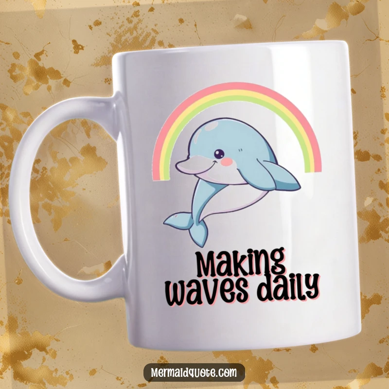Funny smiling dolphin leaping high with a rainbow arc above its head, on a ceramic mug.