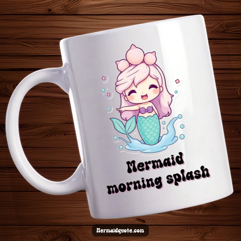Funny Mermaid Mug with a friendly mermaid wearing a seashell crown, smiling and playfully splashing water.