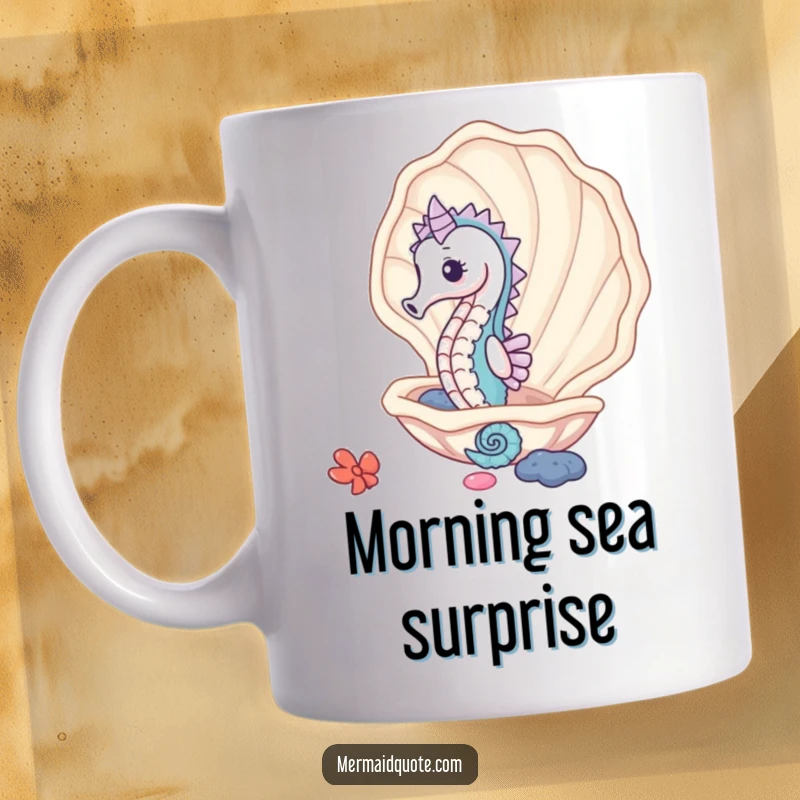 Funny cute seahorse peeking shyly from behind a giant clam shell, embodying curiosity and ocean charm.