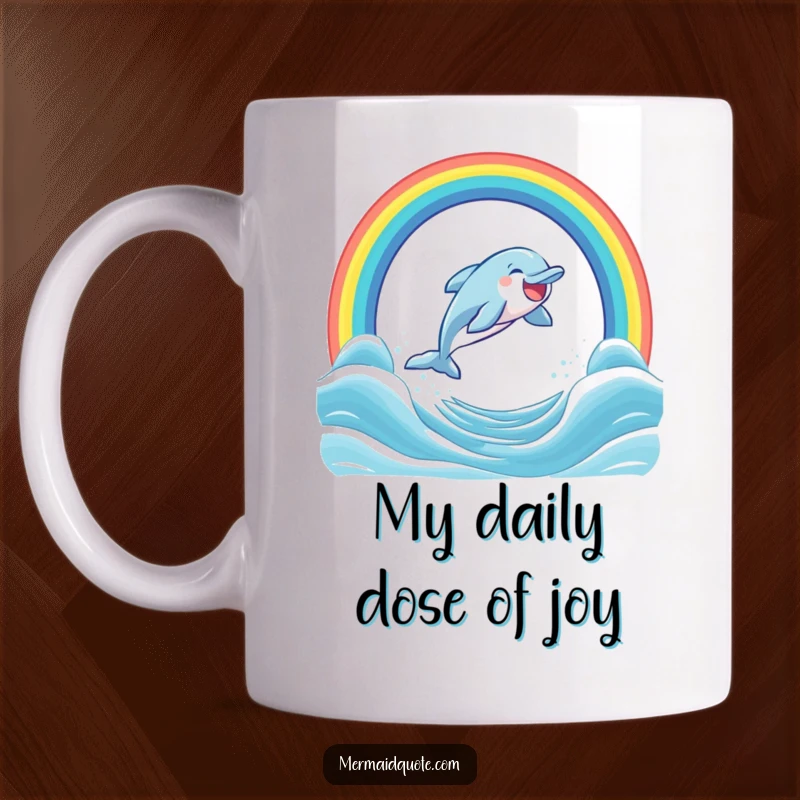 Funny mug showing a laughing dolphin joyfully leaping through a spectacular ocean rainbow arch, radiating pure happiness.