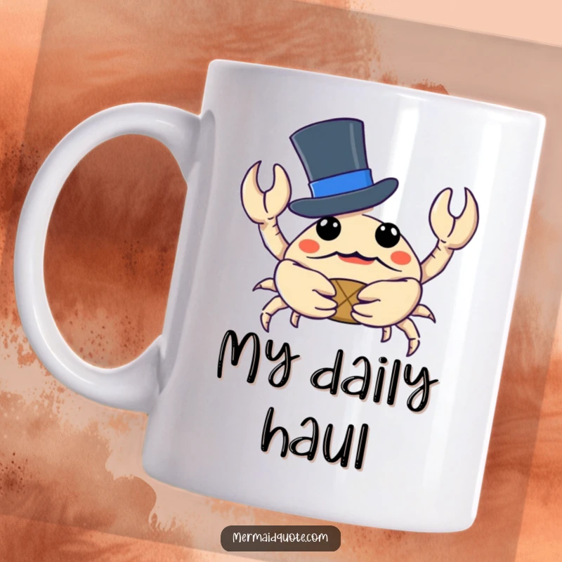 Funny crab wearing a top hat, holding a tiny treasure chest, ready for adventure on this novelty mug.