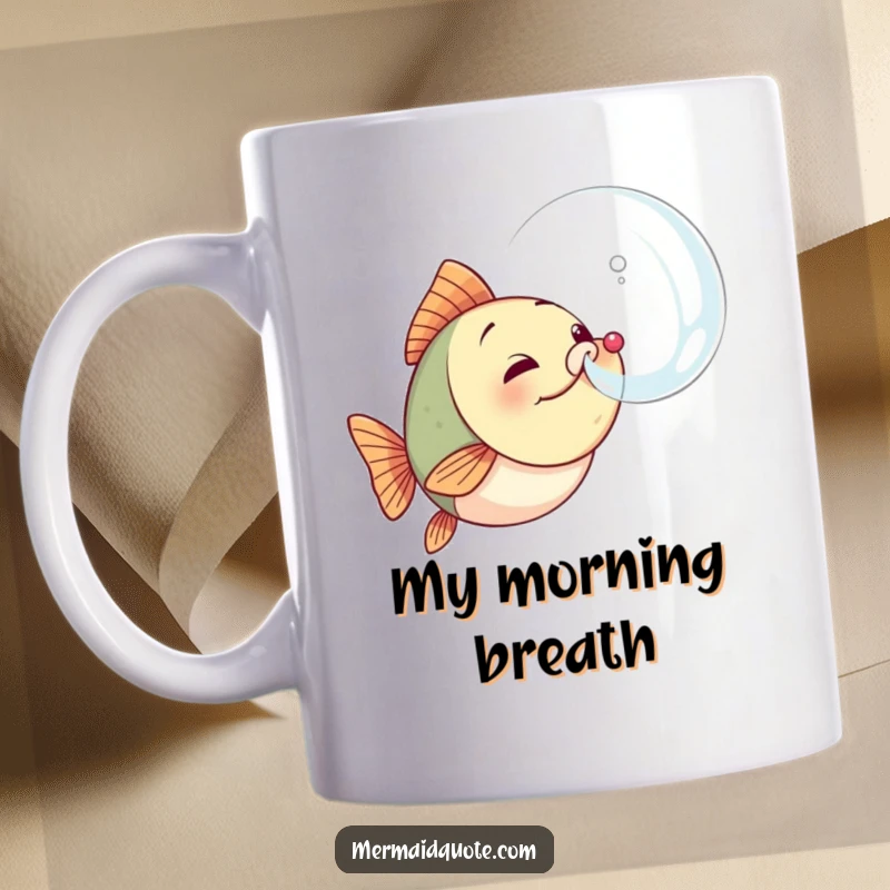 Funny determined little fish mug blowing a massive, triumphant bubble with a look of pure accomplishment and joy on its face.