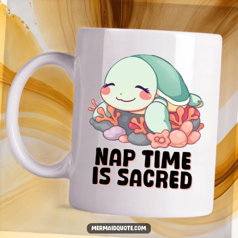 Funny sleeping sea turtle mug with a soft, contented smile, peacefully resting near vibrant coral formations underwater.