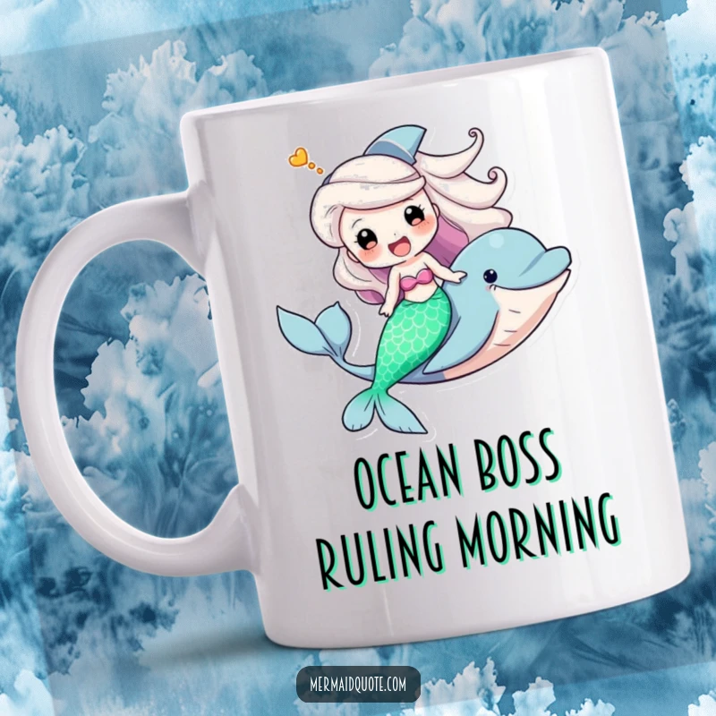 Funny mug featuring a joyful mermaid triumphantly riding a friendly dolphin, capturing a moment of pure, hilarious fun.