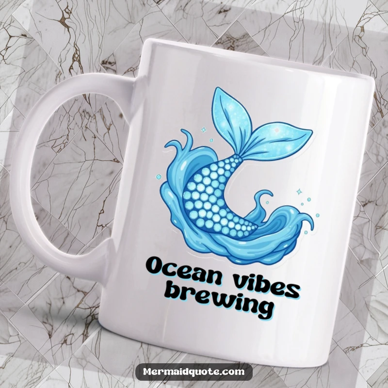 Funny sparkly mermaid tail flipping joyfully amidst blue water eddies, evoking magical underwater fun.