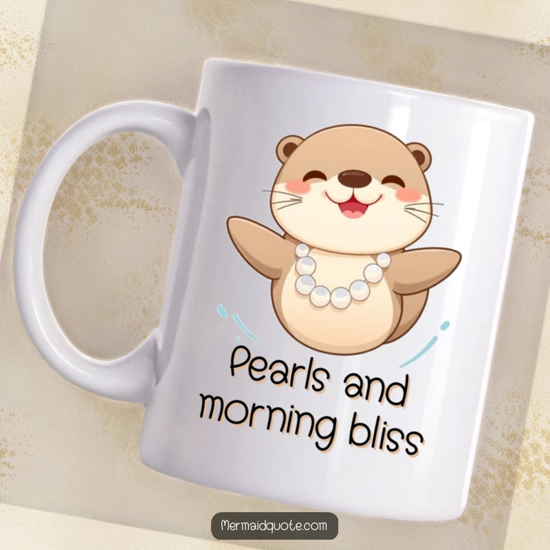 Funny happy sea otter wearing a pearl necklace, swimming with glee in the water, depicted on a cheerful mug.