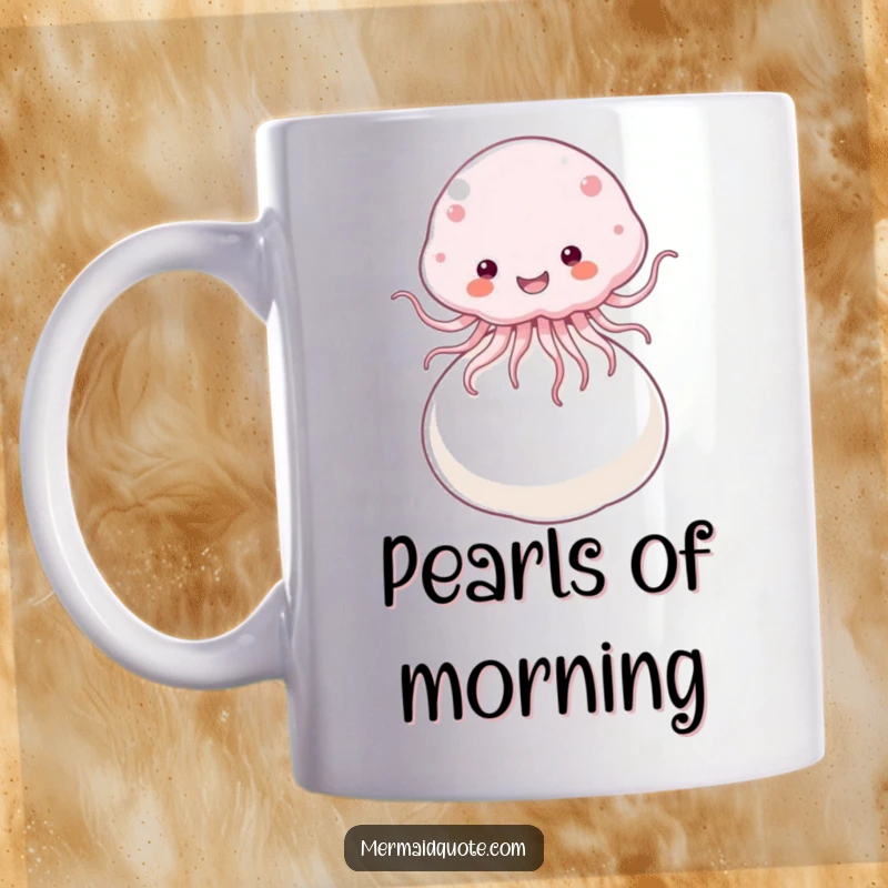 Funny Mug featuring a fluffy jellyfish joyfully bouncing on a giant pearl, embodying carefree underwater delight.