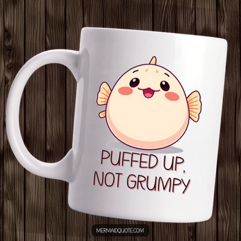 Funny mug featuring a shy pufferfish hilariously inflating itself into a perfect, round, comical shape out of bashfulness.