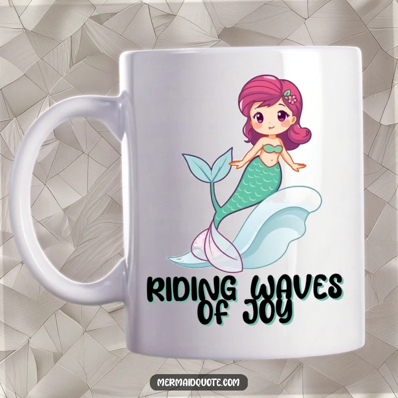 Funny mug featuring a happy mermaid joyfully riding a gentle wave, her tail swishing with delight.
