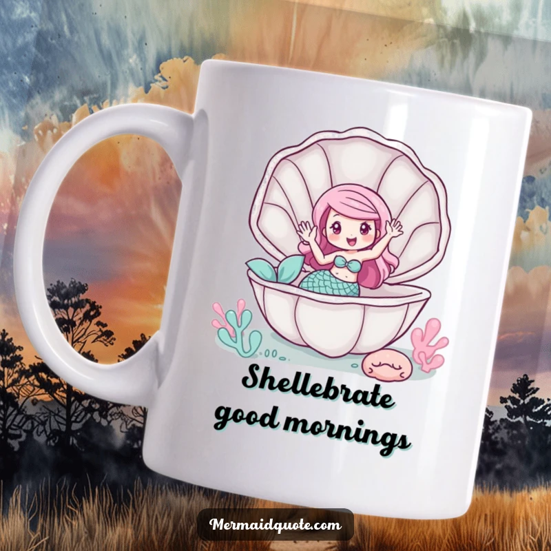 Funny mug showing a cheerful mermaid waving hello from inside a giant, open clam shell.