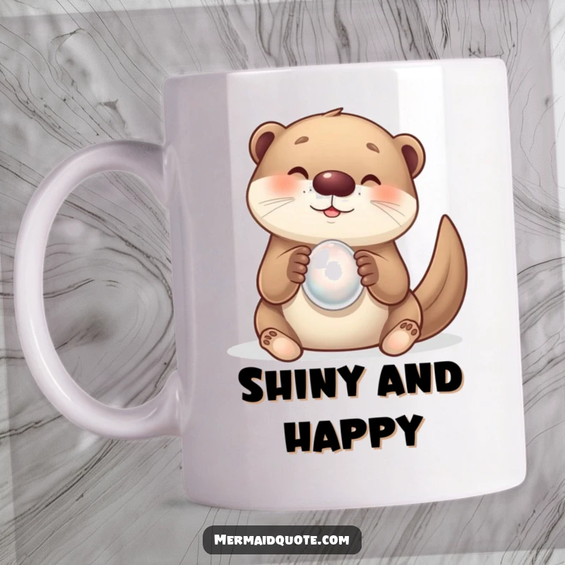 Funny otter creature mug, a curious otter happily holding a glowing pearl. A delightful and humorous design.
