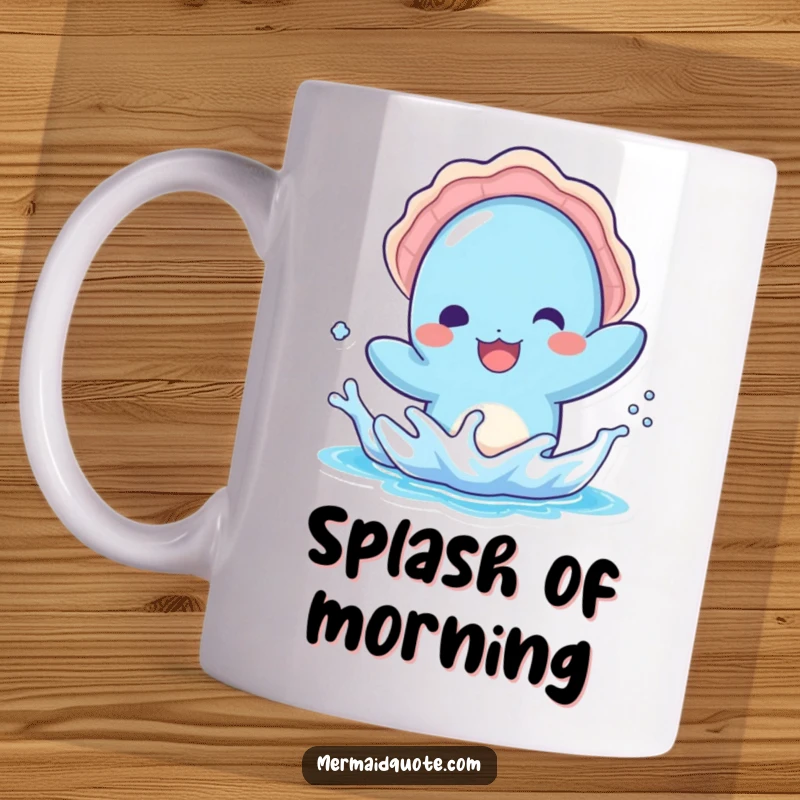 Funny kawaii mug featuring a cute blue creature in a seashell hat splashing playfully in water, exuding joy and fun.