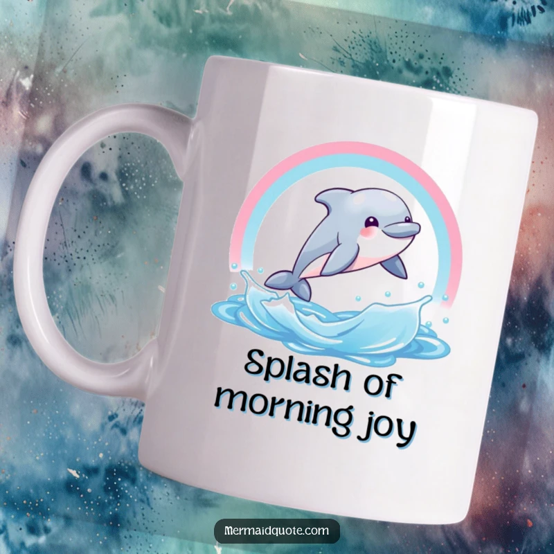 Funny mug showing a happy, giggling dolphin creature jumping through a colorful rainbow water arc. A joyful design.
