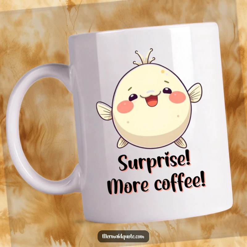 Funny pufferfish mug, comically puffing up with wide-eyed, delighted surprise, making it an amusing gift for fish enthusiasts.