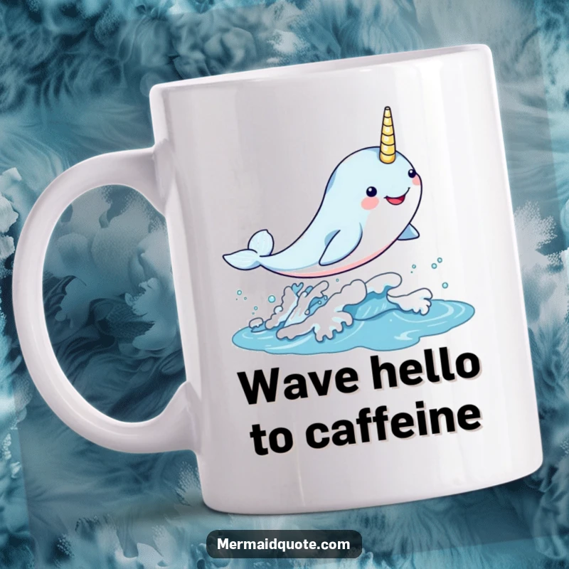 Funny kawaii narwhal leaping gleefully through a shimmering wave on a mug, whimsical and charming sea creature.