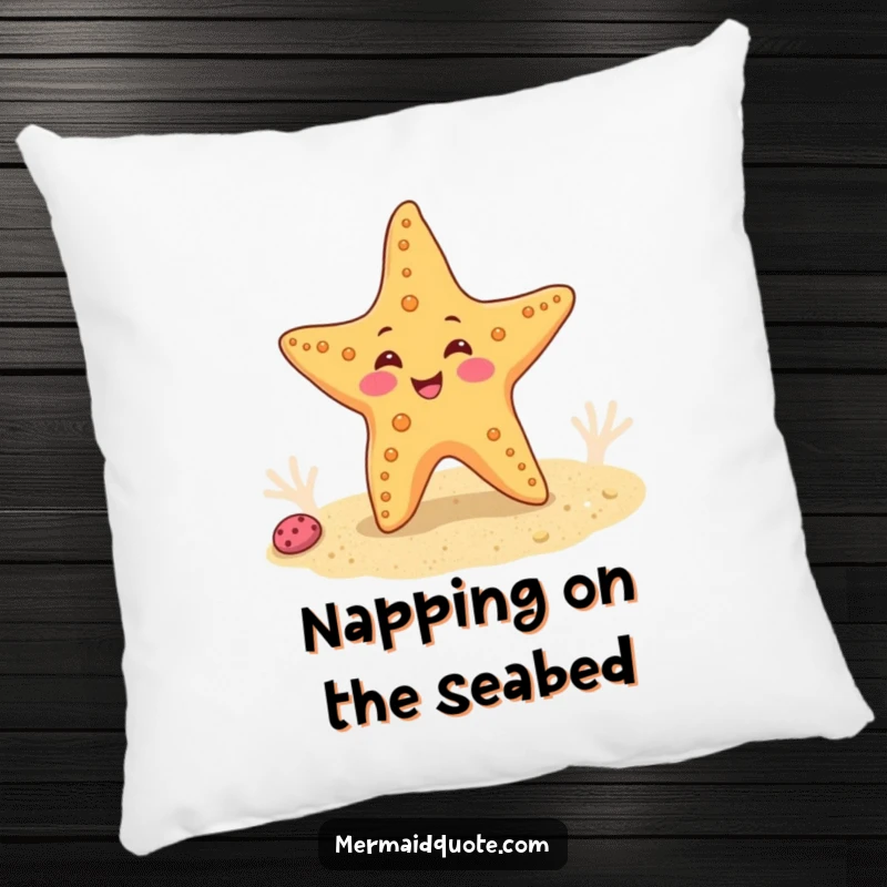 Funny pillow depicting a happy starfish doing a cute wiggle dance on a sandy seabed, offering cozy ocean comfort.