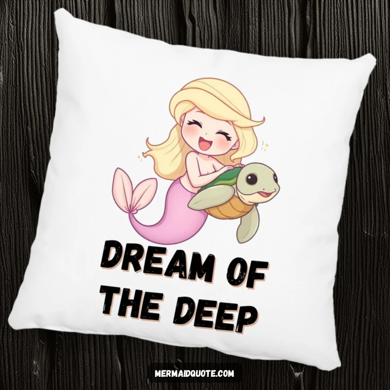 Funny pillow featuring a laughing mermaid tickling a shy sea turtle, evoking a sense of playful underwater joy.