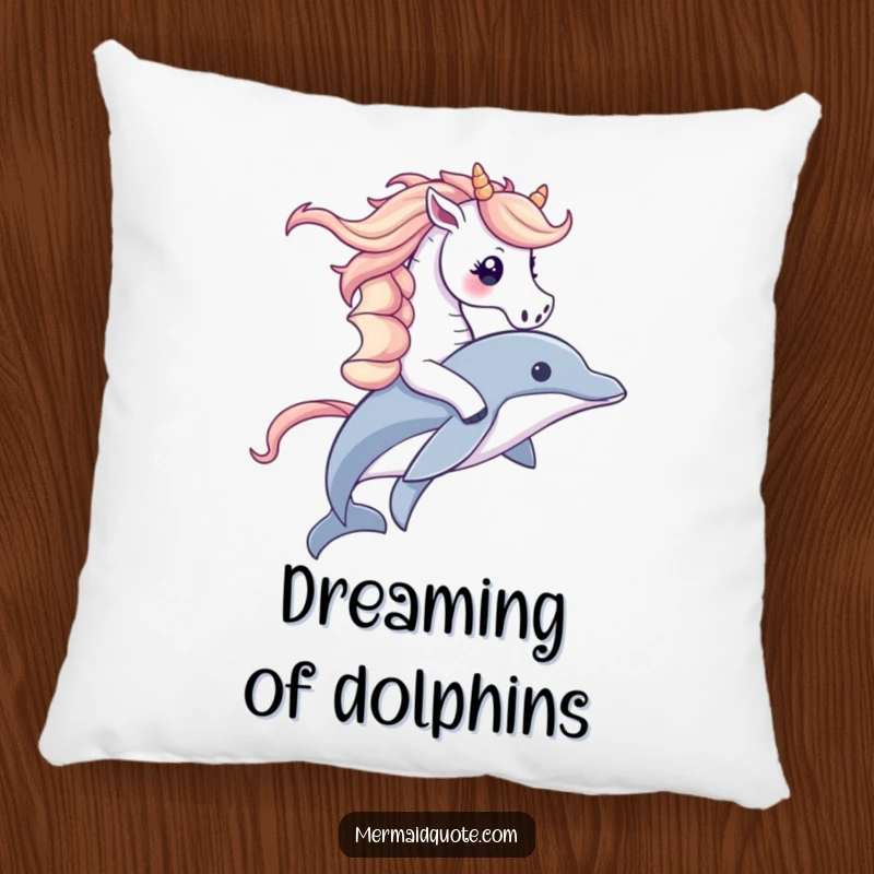 Funny plush pillow with a cute seahorse riding a dolphin, designed for comfort and bringing a smile with its joyful ocean scene.