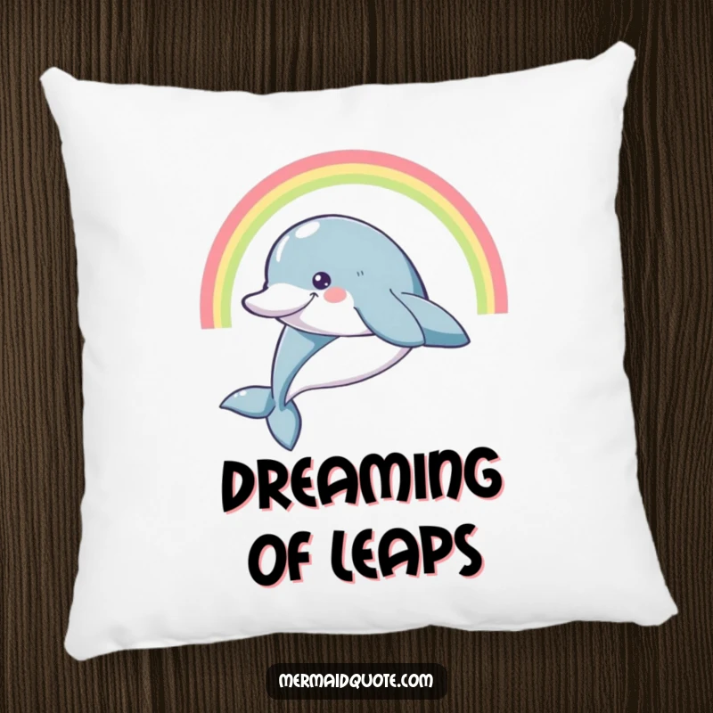 Funny smiling dolphin leaping high with a rainbow arc, on a soft, decorative pillow.