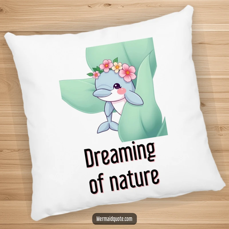 Funny Dolphin Flower Crown Pillow: Soft and cozy pillow with a curious dolphin and flower crown peeking from kelp, lovely decor.