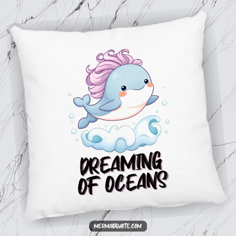 Funny pillow featuring a baby whale with a flowing mane joyfully leaping from bubbly waves, designed for comfort and adding whimsical humor.