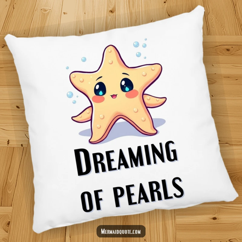 Funny starfish with sparkling eyes juggling tiny glowing sea pearls on a decorative pillow, cozy and magical.