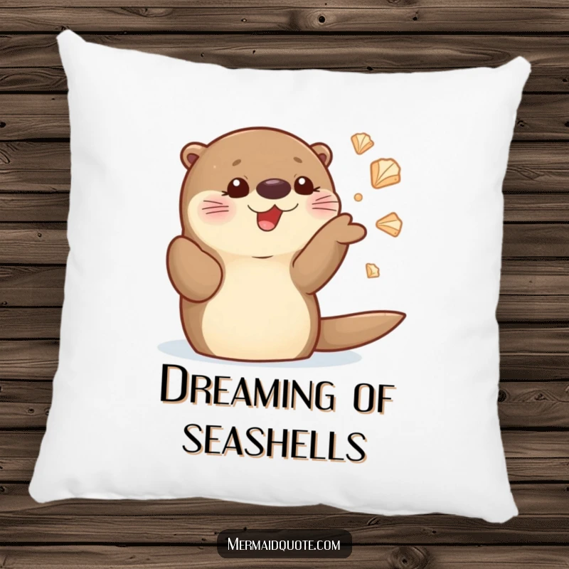 Funny sea otter pillow with a cute character joyfully juggling shiny seashells, offering a soft and humorous decorative accent.