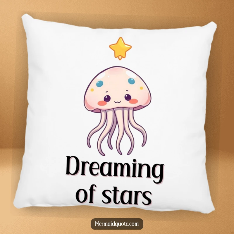 Funny jellyfish pillow with a curious character gently reaching for a floating star, offering soft and whimsical decor.