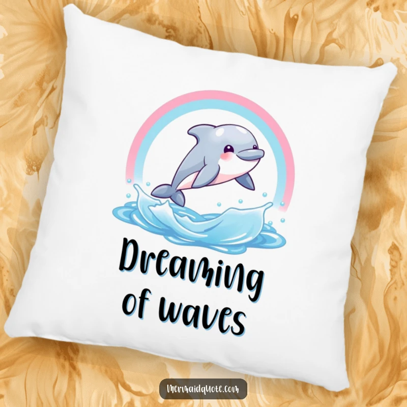 Funny decorative pillow showing a happy dolphin creature jumping through a colorful rainbow splash. A joyful and soft accent.