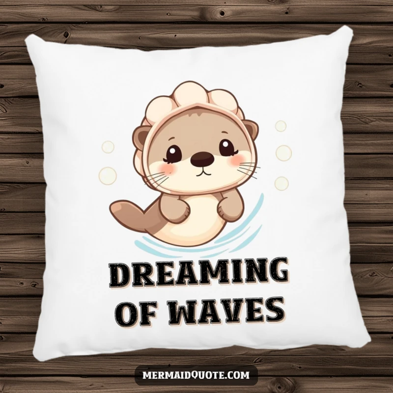 Funny Pillow: A tiny otter in a seashell helmet swims with a cheerful bubble trail, bringing aquatic comfort.