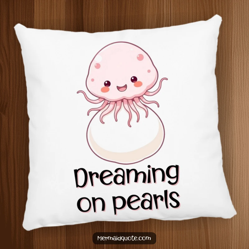Funny Pillow with a fluffy jellyfish joyfully bouncing on a giant pearl, providing comfort and whimsical humor.
