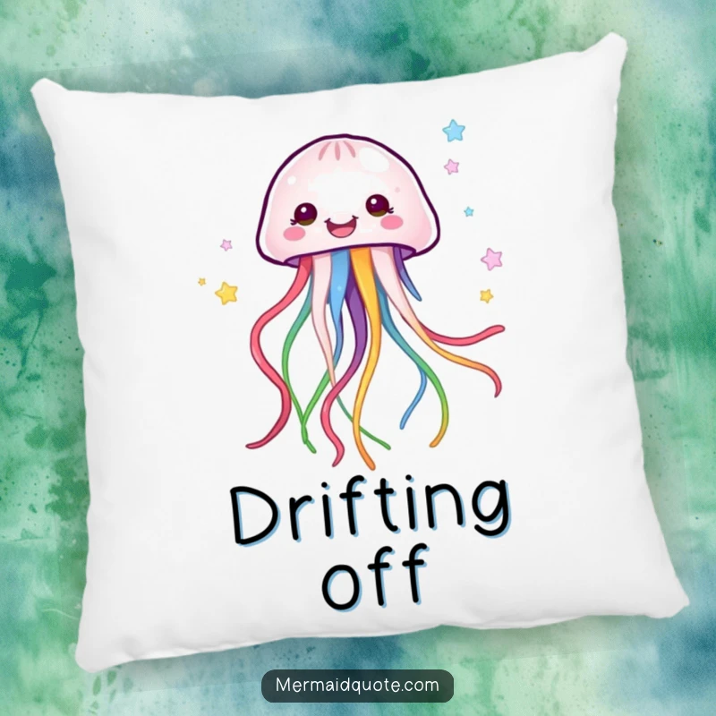 Funny happy jellyfish creature with colorful ribbons, depicted as a soft and comfortable pillow for lounging.