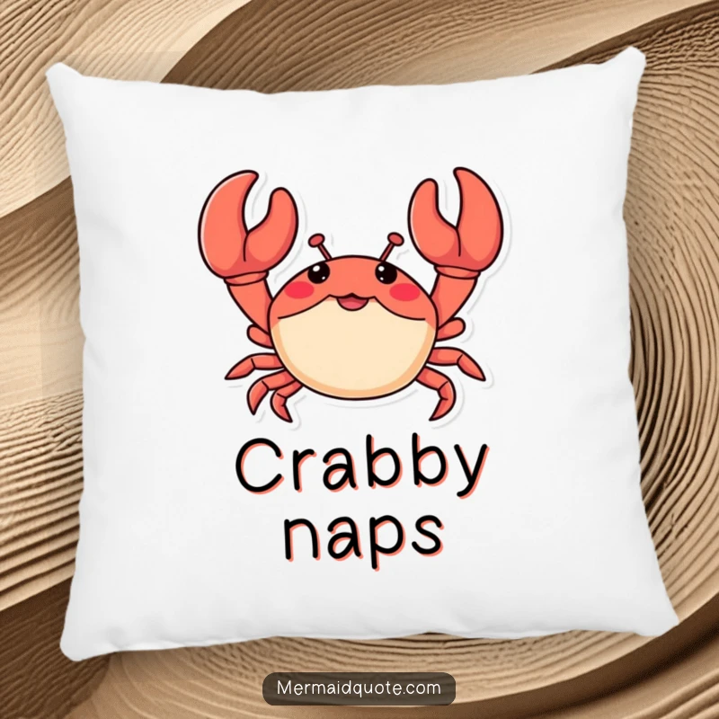 Funny plush pillow with a little crab waving enthusiastically with oversized claws, designed for comfort and bringing a touch of beach humor.