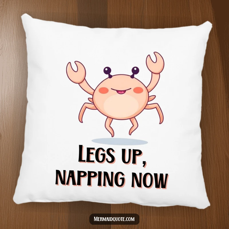 Funny little crab with extra legs doing a funny leg dance on a decorative pillow, soft and humorous.