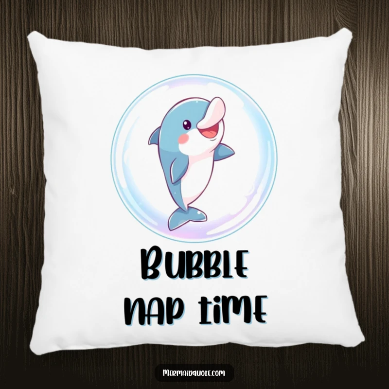 Funny dolphin pillow with a playful character comically leaping through a sparkling bubble, offering soft and humorous decor.